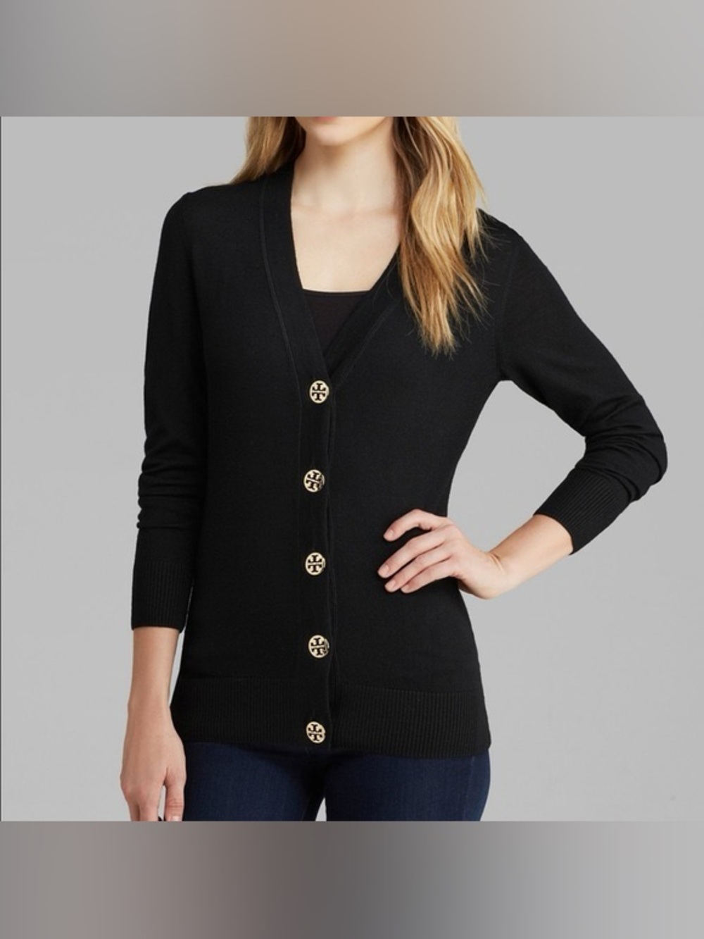 Tory Burch Black Simone Merino Wool Cardigan L